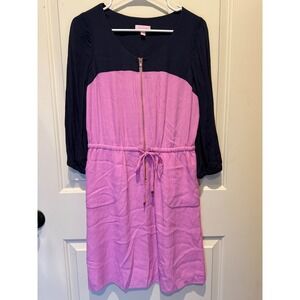 Lilly Pulitzer Navy Pink Colorblock Zip Front Drawstring Dress Size 6 Lined